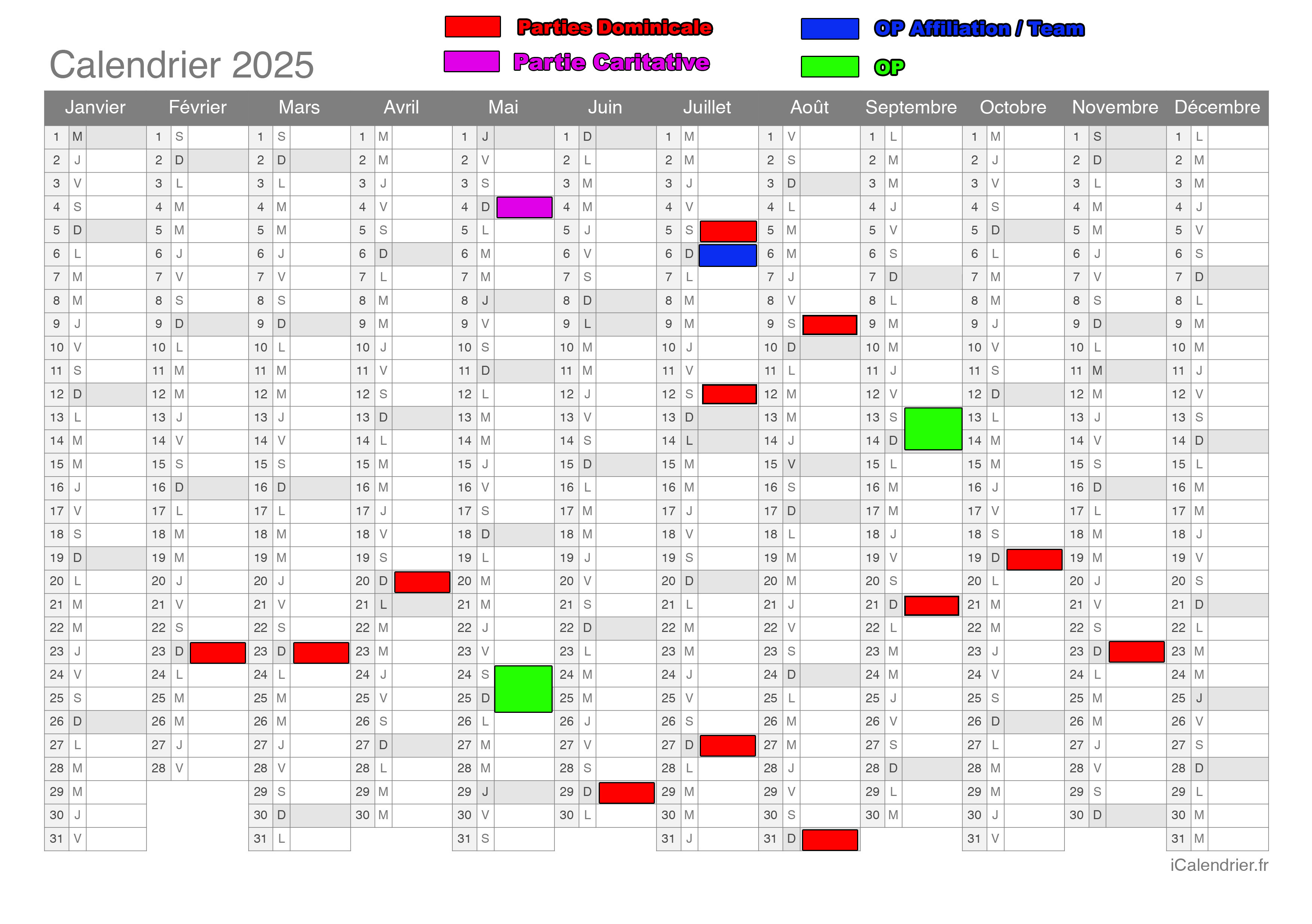 Calendrier des Événements